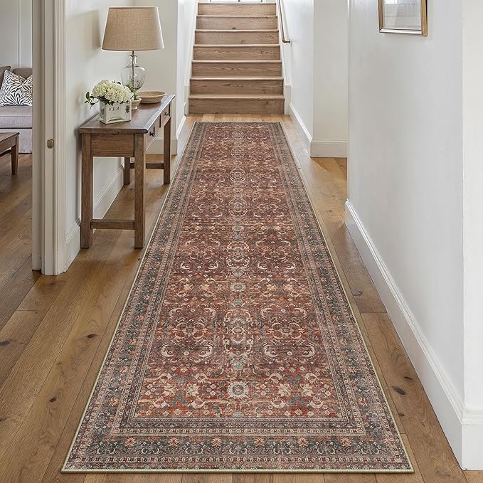 HUGEAR 2x12 Runner Rug Hallway Vintage Brick Red Machine Washable Retro Floral Low Pile Carpet Vacuumable Distressed Long Throw Rug Bedroom Office Bathroom Kitchen Laundry Non Slip Soft Lightweight
