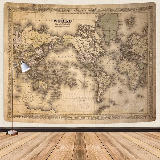 GOAOK Retro Old World Map, Vintage Map Asian Northern European Topography Earth Educational Tapestry for Classroom, Brown Adventure Travel World Map Office Wall Art 40"X30