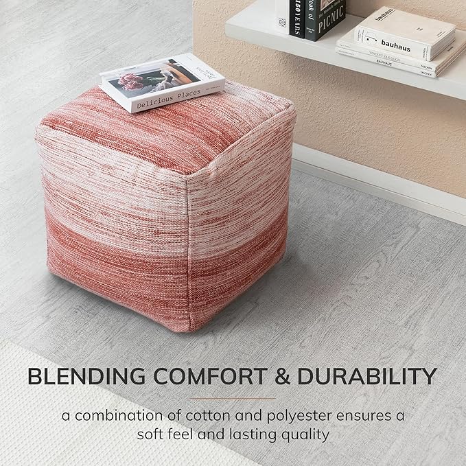 Anji Mountain Pouf Ottoman Foot Rest, Handmade Ottoman Pouf, Comfortable Foot Stool, Decorative Floor Seating for Living Room Decor, Bedroom & Home Décor Accent - Saffron Stripe