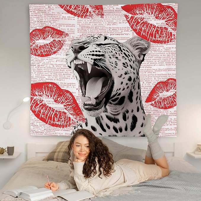 WNAGT Retro Trendy Leopard Tapestry Wall Hanging, Cheetah Leopard Room Decor, Vintage Funky Cheetah Print Lips Wall Blanket Decor for Girls Bedroom Dorm Apartment Home, 50x60 Inch(Red)