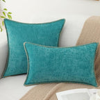 decorUhome Summer Chenille Soft Cozy Throw Pillow Covers 22x22 Set of 2, Modern Farmhouse Boho Velvet Decorative Euro Sham Pillow Cases with Stitched Edge for Couch Sofa Bed Home Decor, Turquoise