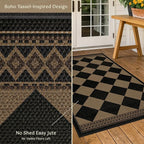 Easy Jute Indoor Outdoor Checkered Rug for Dining Room 6x9, Stain Resistant Non-Slip Geometric Black and Brown Diamond Living Room Rug, Durable Boho Border Low Pile Carpet Decor for Bedroom and Office