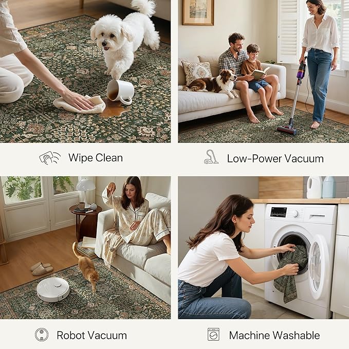 Bavni 2x3 Doormat, Machine Washable Runner Rug Non Slip, Vintage Floral Print Style Rugs for Entrance-Lightweight Low Pile Carpet for Hallways Kitchen and Corridor, Dark Green/Multi