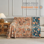 Boho Throw Blanket for Bed 90”x98”, 100% Cotton Woven Blanket for Couch Sofa, Ultra Soft 4-Layer Muslin Quilt with Floral Printed, Farmhouse Bed Blanket/Cover for Living Room Decor