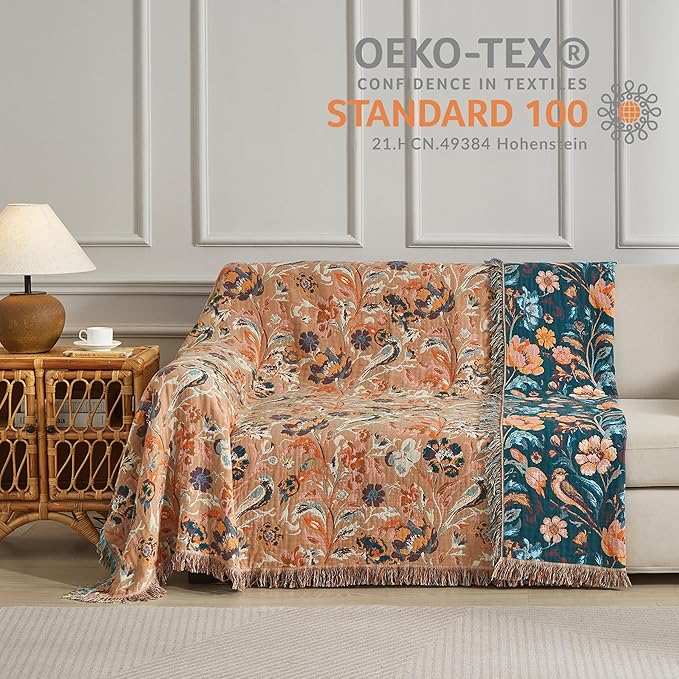 Boho Throw Blanket for Bed 80”x90”, 100% Cotton Woven Blanket for Couch Sofa, Ultra Soft 4-Layer Muslin Quilt with Floral Printed, Farmhouse Bed Blanket/Cover for Living Room Decor