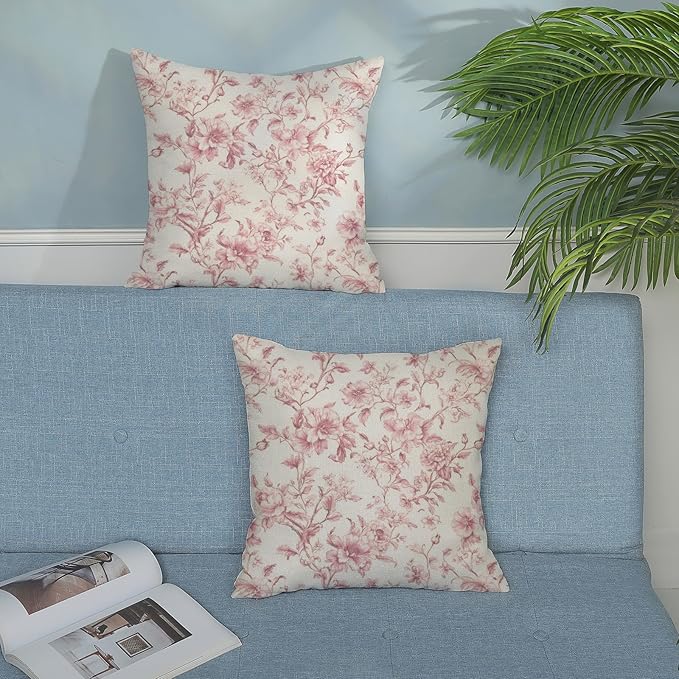 Pink Pillow Covers 18x18 Set of 2 Pink and Cream Floral Chinoiserie Throw Pillows Vintage Rustic Toile Flower Decorative Pillowcase Outdoor Chinoiserie Decor Linen Cushion Case for Couch Sofa