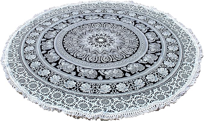 Round Beach Tapestry Turquoise Mandala Throw/Boho Hippie Beach Blanket Roundie/Indian Cotton Bohemian Large Round Table Cloth-Home Decor/Yoga Mat Meditation Picnic Rug (70", Black And WHite)
