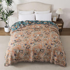 Boho Throw Blanket Twin Size, Soft Cozy Cotton Muslin Quilt Blanket for Bed Decor, Floral Patterned Couch Sofa Chair Cover, Vintage Farmhouse Cottage Tapestry Woven Blanket, Teal&Taupe