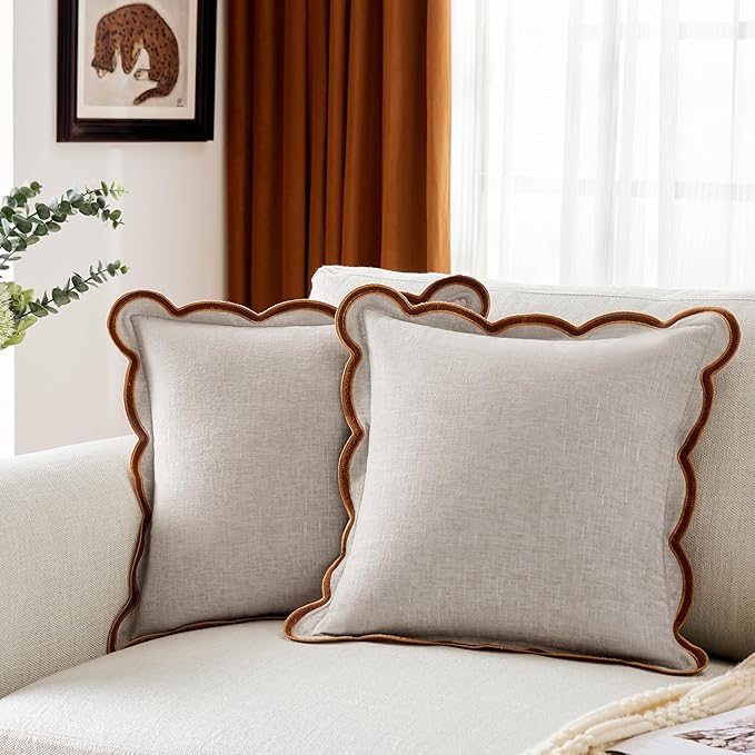 Beige Scalloped Pillow Cover Pack of 2 Spring Chenille Decorative Throw Pillow Covers 20x20 Cute Boho Couch Pillow Covers Aesthetic Funky Preppy Pillow Cases for Sofa Living Room