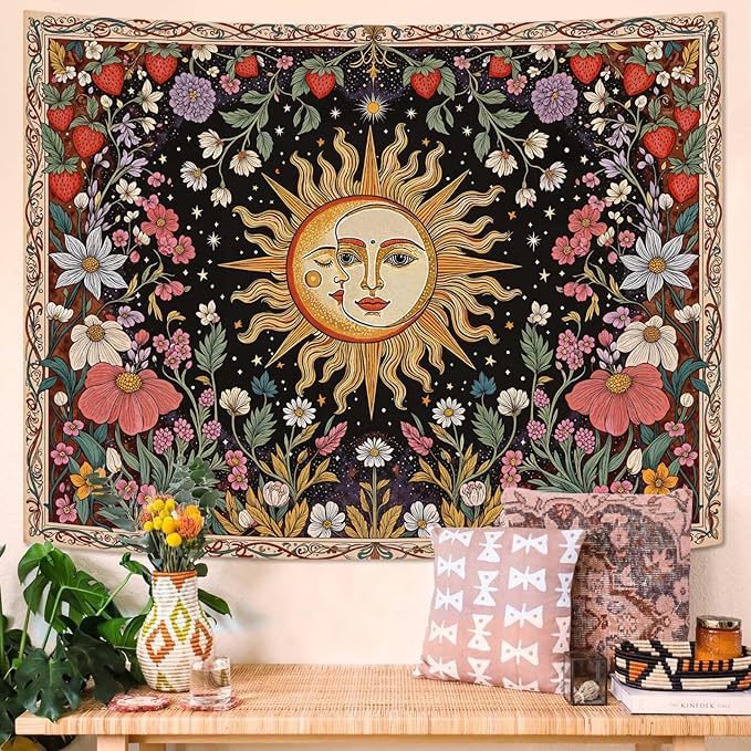 Accnicc Sun and Moon Tapestry Boho Vintage Floral Wall Tapestry for Bedroom Aesthetic Hippie Celestial Botanical Colorful Plant Large Tapestries Wall Hanging for Living Room Dorm 80 x 60 Inch