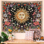 Accnicc Sun and Moon Tapestry Boho Vintage Floral Wall Tapestry for Bedroom Aesthetic Hippie Celestial Botanical Colorful Plant Large Tapestries Wall Hanging for Living Room Dorm 80 x 60 Inch