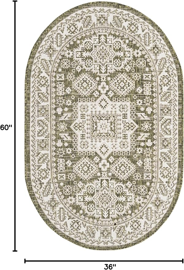 Rugs.com Outdoor Aztec Collection Rug – 3' x 5' Oval Green Flatweave Rug Perfect for Living Rooms, Large Dining Rooms, Open Floorplans