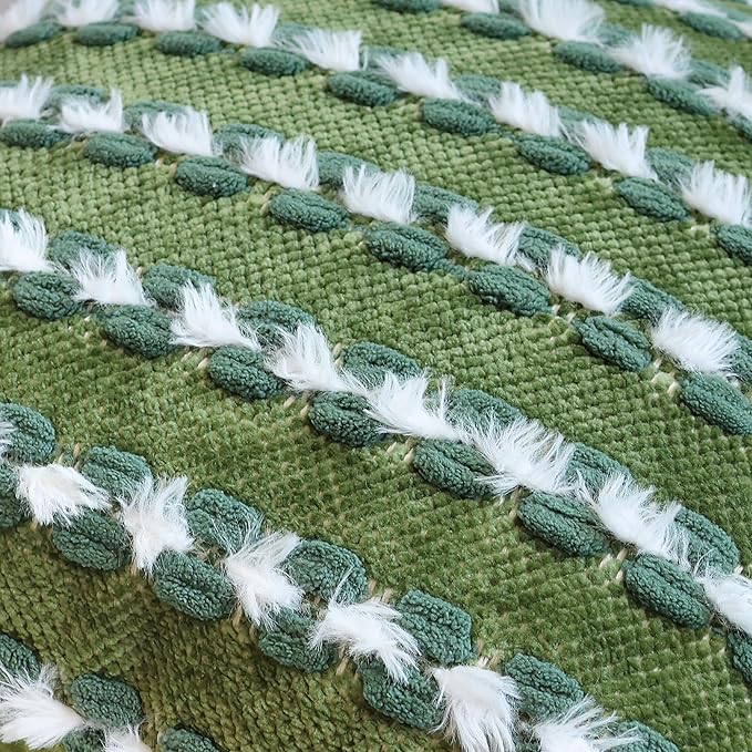 18x18 Boho Pillow Cover - Chenille Tufted Decorative Throw Pillow Cover Soft Velvet Backing, Farmhouse Striped Square Accent Pillow Case for Sofa, Couch, Bedroom, Living Room, Green White