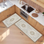 Boho Kitchen Mats for Floor 2 Piece Set Anti Fatigue Cushioned PVC Kitchen Rugs Non Slip Waterproof Farmhouse Mats 2/5 Inch Comfort Standing Mat for Sink, Laundry, 17.3"x47"+17.3"x28", Beige Tan