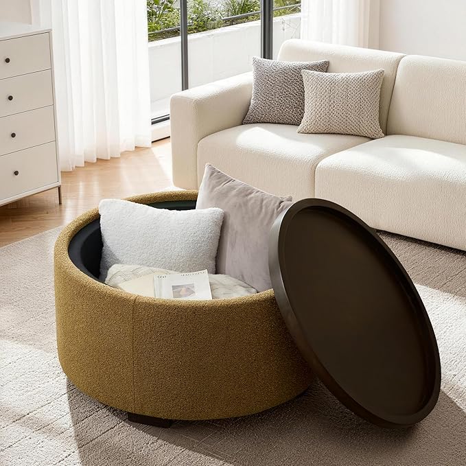 30 Inch Round Storage Ottoman, Ottoman Coffee Table with Lift Off Lid, Boucle Modern Ottomans with Storage for Living Room, Bedroom, Apartments (Yellow)