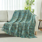Multi-Color Green Cable Woven Throw Blanket for Couch,50"X60" Boho Style Textured Blankets for Home Decor,Super Soft Warm Cozy Chunky Blanket with Decorative Tassels for Bed and Sofa