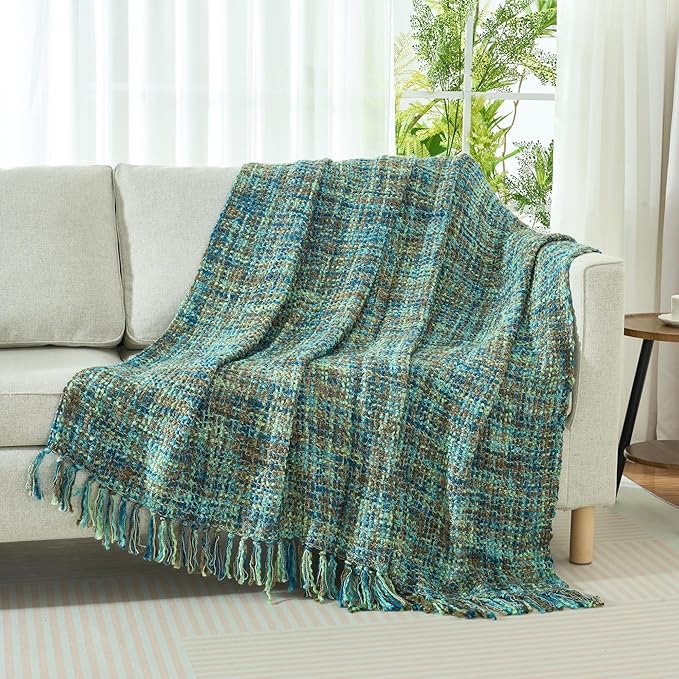 Multi-Color Green Cable Woven Throw Blanket for Couch,60"X80" Boho Style Textured Blankets for Home Decor,Super Soft Warm Cozy Chunky Blanket with Decorative Tassels for Bed and Sofa