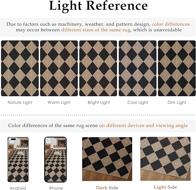 6x9 Checkered Easy Jute Area Rug for Living Room Large Checkerboard Washable Indoor Outdoor Carpet Farmhouse Patio Office Mat Textured Diamond Non Slip Black Carpet for Backyard Dining Room