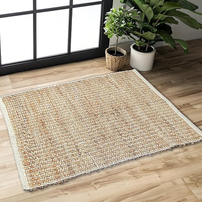 Chardin home 2x3 Jute Cotton Hand Woven Rug | Braided Doormat, Boho, Rustic, Natural Jute/Ivory | Farmhouse Vintage Area Rugs for Bedroom, Living Room, Kitchen, and entryways