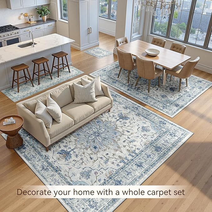 Area Rugs 2'x8' Runner Rug Non Slip Washable for Kitchen Hallway Bedroom Beside Laundry Room Bathroom Rug, Floor Carpet, Light Blue Navy Beige Gray White