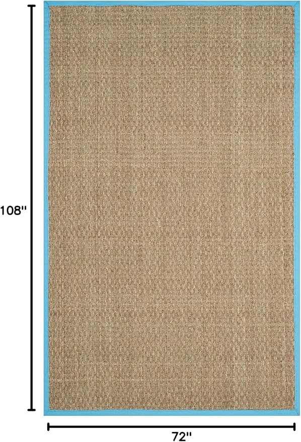 SAFAVIEH Area Rug 6x9 - Natural Fiber Collection - Natural & Turquoise, Seagrass, Basketweave Pattern with Border (NF114S)