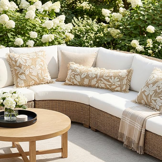 BlissBlush Jute Decorative Spring Long Lumbar Pillow Cover 14x36, Neutral Floral Tufted Body Pillow for Bed, Accent Lumbar Throw Pillow for Bedroom,Outdoor Lounge (Cover Only)