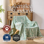 DOWN HOME Chenille Cotton Throw Blanket for Couch, Lightweight Boho Blanket for Bed Sofa Chair Living Room Outdoor Soft Woven Decorative Blanket with Tassel Gift Green Leaves 55"x60"