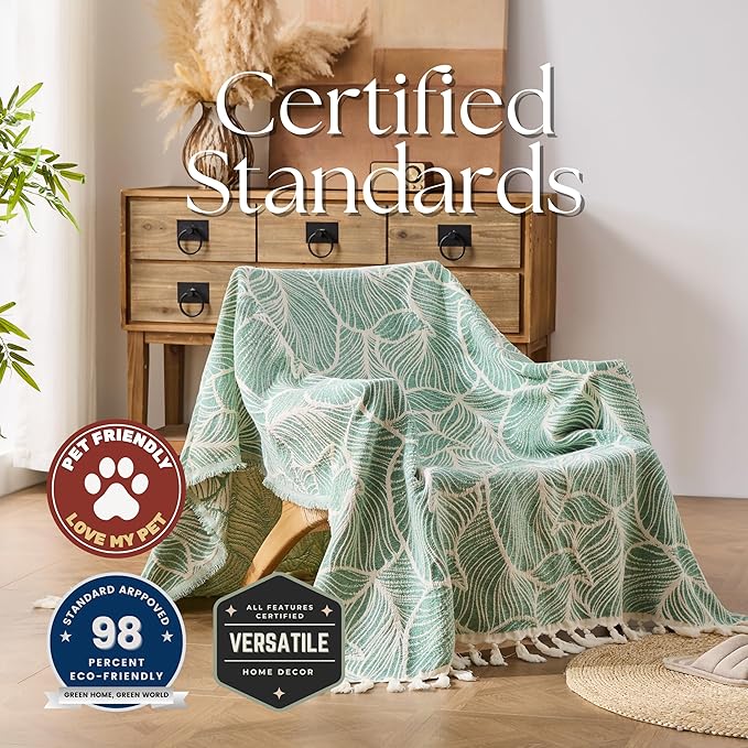 DOWN HOME Chenille Cotton Throw Blanket for Couch, Lightweight Boho Blanket for Bed Sofa Chair Living Room Outdoor Soft Woven Decorative Blanket with Tassel Gift Green Leaves 60"x80"