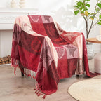 Bohemian Chenille Jacquard Tassel Throws - Reversible Red&Pink Maple Leaf Design for Boho Hippie Vibes - Oversized Blankets for Large Couch, Furniture, Sofa, Chair