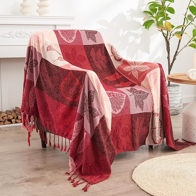 Bohemian Chenille Jacquard Tassel Throws - Reversible Red&Pink Maple Leaf Design for Boho Hippie Vibes - Oversized Blankets for Large Couch, Furniture, Sofa, Chair…