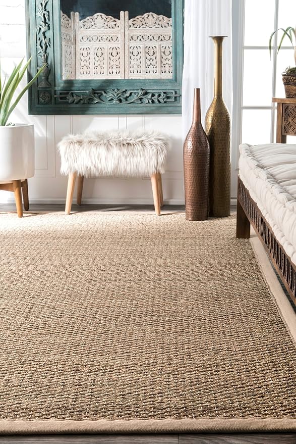 Nuloom Elijah Beige/Natural, 6' Square, Basketweave, Seagrass, Soft and Textured, High Traffic, Stain Resistant, Easy Clean, Durable Area Rug for Bedroom, Living Room, Dining, Den, Foyer, Entryway