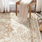 Washable Rug 9x12 Area Rugs: Boho Vintage Distressed Oriental Medallion Neutral Thin Large Rug Carpet for Living Room Bedroom Dining Room Home Office Decor - Beige