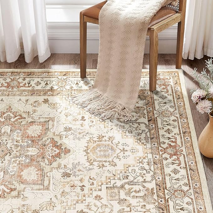 Washable Rug 12x15 Area Rugs: Boho Vintage Distressed Oriental Medallion Neutral Thin Large Rug Carpet for Living Room Bedroom Dining Room Home Office Decor - Beige
