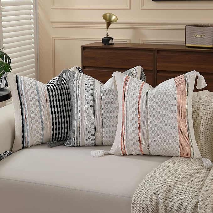 Set of 2 Boho Pillow Covers with Tassels Olive Green 18x18 Inch Farmhouse Decorative Chenille Tufted Striped Throw Pillow Covers, Neutral Accent Square Pillowcase for Couch Bed Living Room