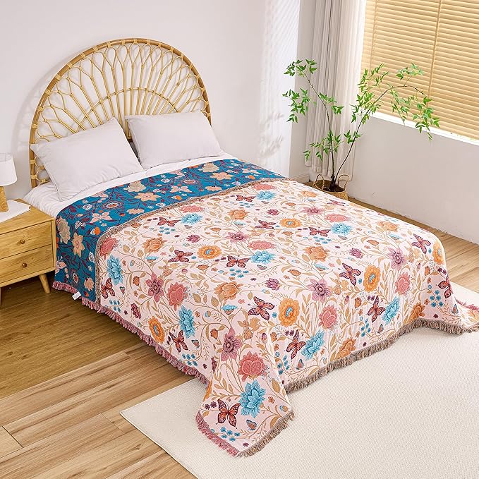 Boho Throw Blanket, 100% Organic Cotton Breathable Ultra Soft 50" x 60" Bed Quilt Throw - All Season Floral Rustic Farmhouse Decor Luxury Reversible Blanket for Sofa Couch Chair and Gift
