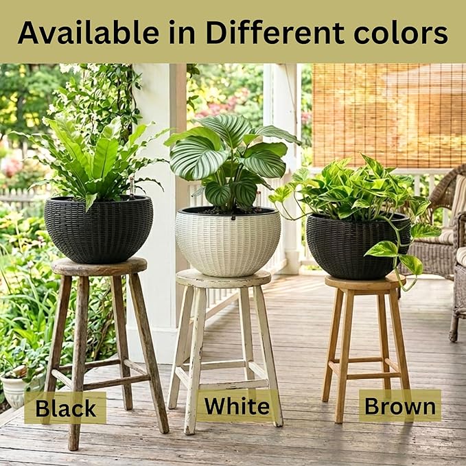 LaLaGreen Hanging Planters for Indoor Plants (11 Inch, 4 Pack) White Rattan Style Self-Watering Hanging Flower Pots with Water Level Indicator, Round Baskets Metal Chain for Balcony Patio Garden Decor