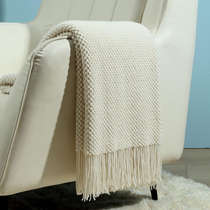 CREVENT Lightweight Knit Throw Blanket for Couch Sofa Chair - Soft and Decorative for Spring Summer Fall (50''X60'' Ivory/Off White)