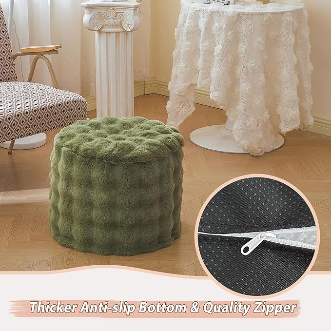 LIFEREVO Faux Rabbit Fur Round Inflatable Pouf Ottoman, 20" X 16" Plush Fuzzy Waffle Bubble Floor Poufs Foot Rest for Living Room Bedroom, Furry Pouf Foot Stool Home Decor, Anti-Slip, Sage Green