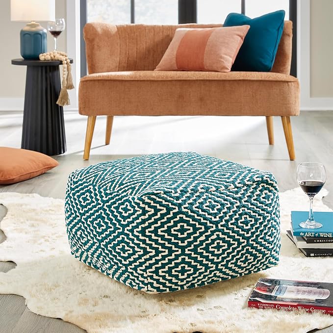Signature Design by Ashley Brynnsen Casual Handwoven Geometric Pouf, Green & White