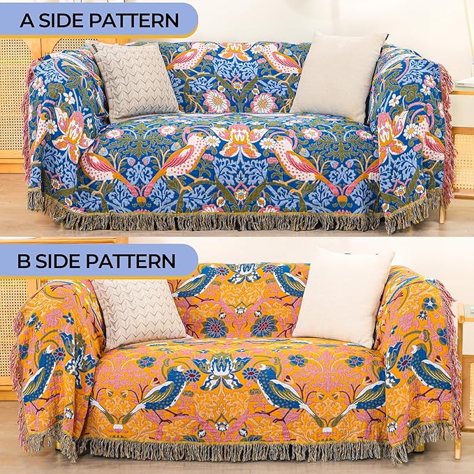 Boho Cotton Muslin Twin Size Bed Throws,100% Cotton Rustic 4 Layer Reversible Bid and Floral Woven Washable Breathable Decor Quilt 60"×80" for Couch Sofa All Seasons,Blue &Yellow