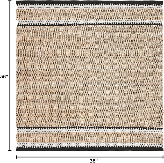 SAFAVIEH Natural Fiber Collection Area Rug - 3' Square, Natural & Black, Handmade Farmhouse Boho Coastal Rustic Jute, Ideal for High Traffic Areas in Living Room, Bedroom (NF874B)