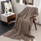 FOSSA Muslin Blanket with Fringe - 4-Layer 100% Cotton Gauze Super Soft & Breathable Throw -Lightweight Decorative Cooling Blanket for Bed, Sofa, Office (Pale Brown, Queen (90" × 90"))
