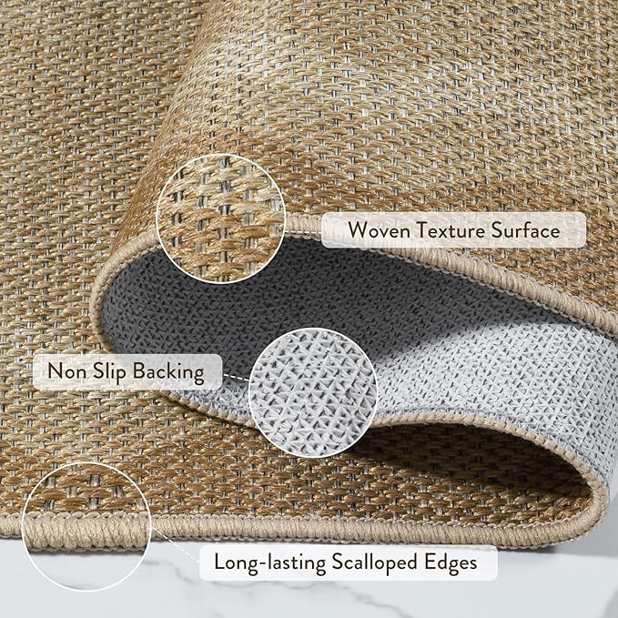 LIVEBOX Scalloped Washable Outdoor 5x7 Rug, Easy Jute Tan Rug for Living Room, Indoor Geometric Rug for Bedroom, Farmhouse Rugs Dining Room Mat Modern Carpet Area Rug for Patio Home Office Decor