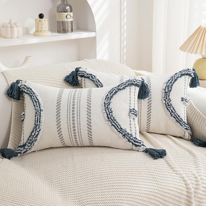 Boho Throw Pillow Covers 12x20 Set of 2 Cotton Woven Tufted Farmhouse Lumbar Pillows Covers with Tassels Outdoor Neutral Decorative Pillowcases Rectangle Textured Accent Cushion for Couch Bed Sofa