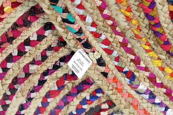COTTON CRAFT Jute Cotton Chindi Braid Rag Rug - Boho Farmhouse Rustic - Handwoven Reversible Natural Jute and Recycled Cotton Throw Area Rug Carpet - Home Décor - 3 Feet Round Multi Color