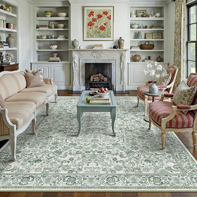 HUGEAR Green Area Rug 6x9 Machine Washable Living Room Rugs Distressed Neutral Vintage Floral Low Pile Carpet Bedroom Office Dining Room Laundry Room Non Slip Soft Lightweight