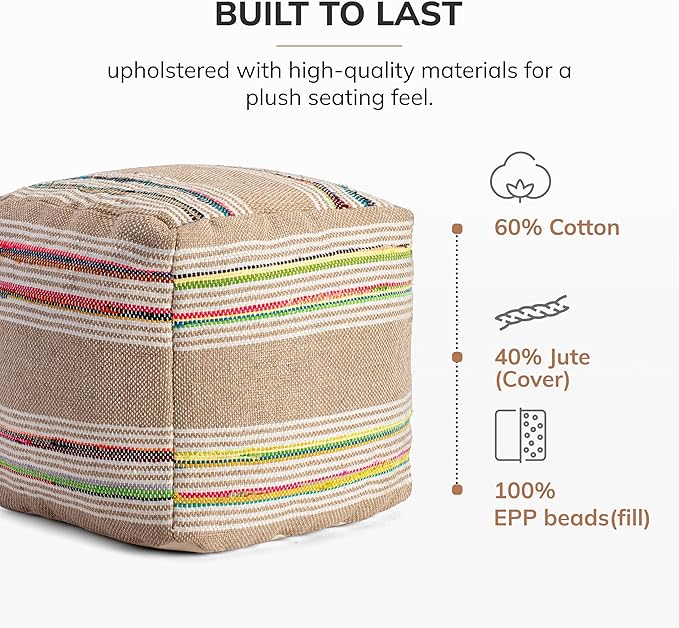 Anji Mountain Pouf Ottoman Foot Rest, Handmade Ottoman Pouf, Comfortable Foot Stool, Decorative Floor Seating for Living Room Decor, Bedroom & Home Décor Accent - Nomad Stripe