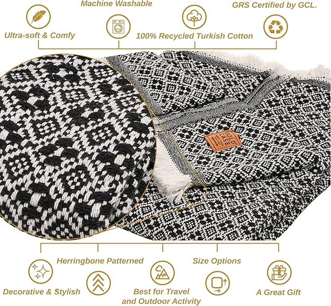 Gold Case Throw Blanket for Couch - 100% Recycled Turkish Cotton Blankets & Throws - Retro Soft Throw Blankets for Living Room - Boho Decorative Woven Couch Blanket - 60x80 - Black