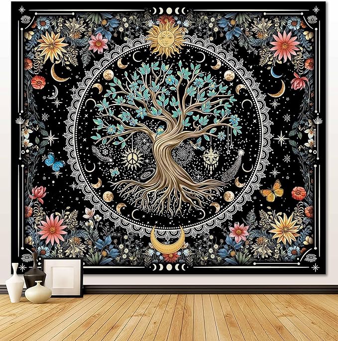 OIOVOIO Tree of Life Tapastry Sun and Moon Tapastry Bohemian Hippie Wishing Tree Tapestries Nature Flower Plant Butterfly Tapestries for Home Decor Bedroom Living Room Dorm Decor (59"x51", Black)