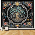 OIOVOIO Tree of Life Tapastry Sun and Moon Tapastry Bohemian Hippie Wishing Tree Tapestries Nature Flower Plant Butterfly Tapestries for Home Decor Bedroom Living Room Dorm Decor (59"x51", Black)